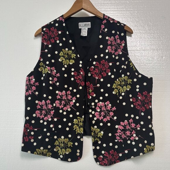 Vintage Le Caviar Vest Womens M Black Floral Polka Dot Sleeveless Button Up Retr - Picture 1 of 5